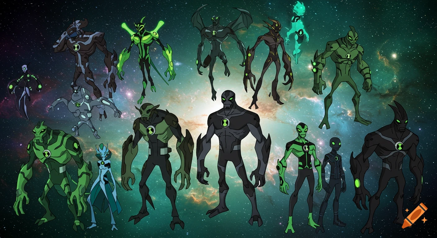 Multiple Ben 10 Omniverse alien characters pose against a galaxy background in a cartoon style.