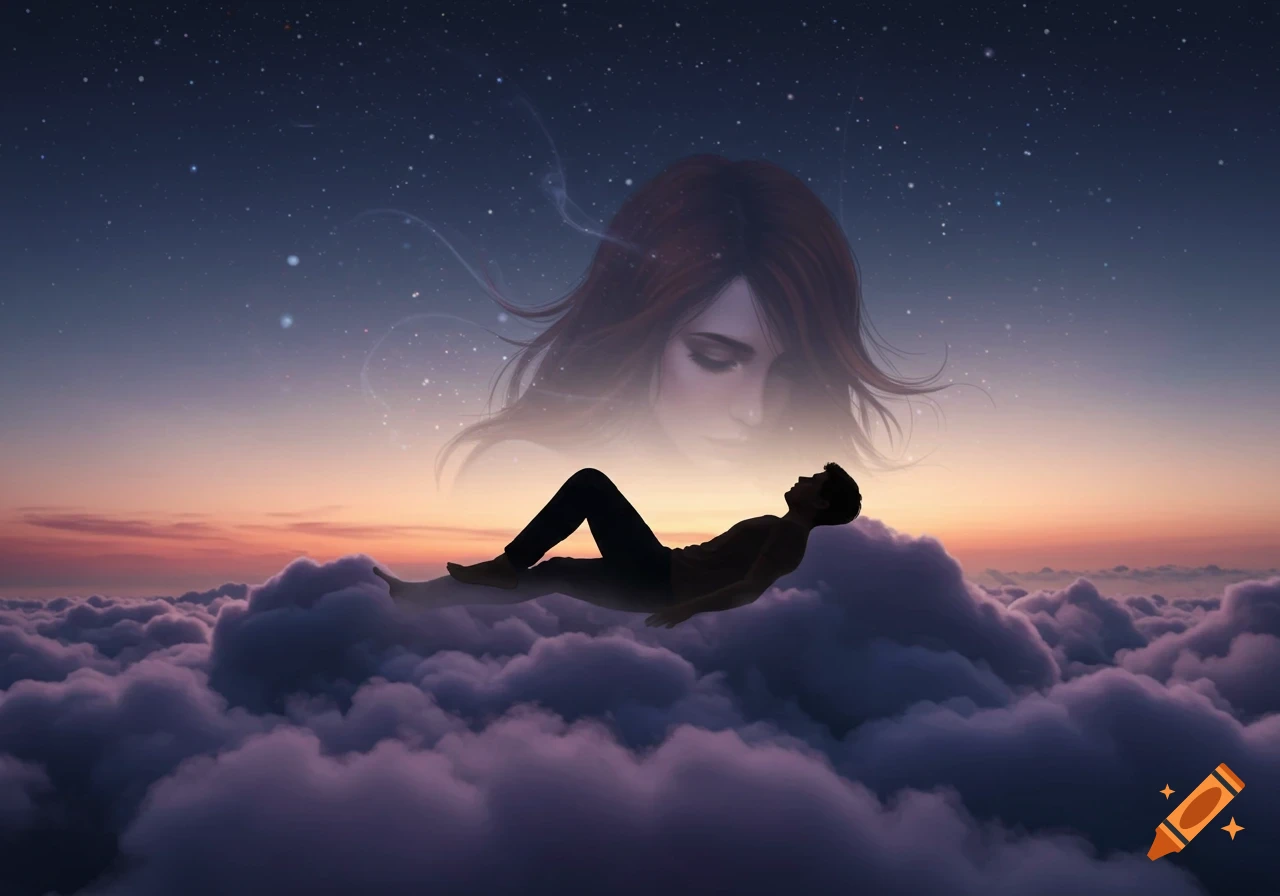 A man's silhouette floats on clouds under a starry twilight sky, with an ethereal woman's face appearing above him.