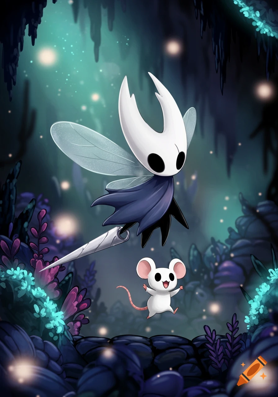The Knight, a winged bug-like character, floats near a happy cartoon white mouse in a glowing fantasy cave.