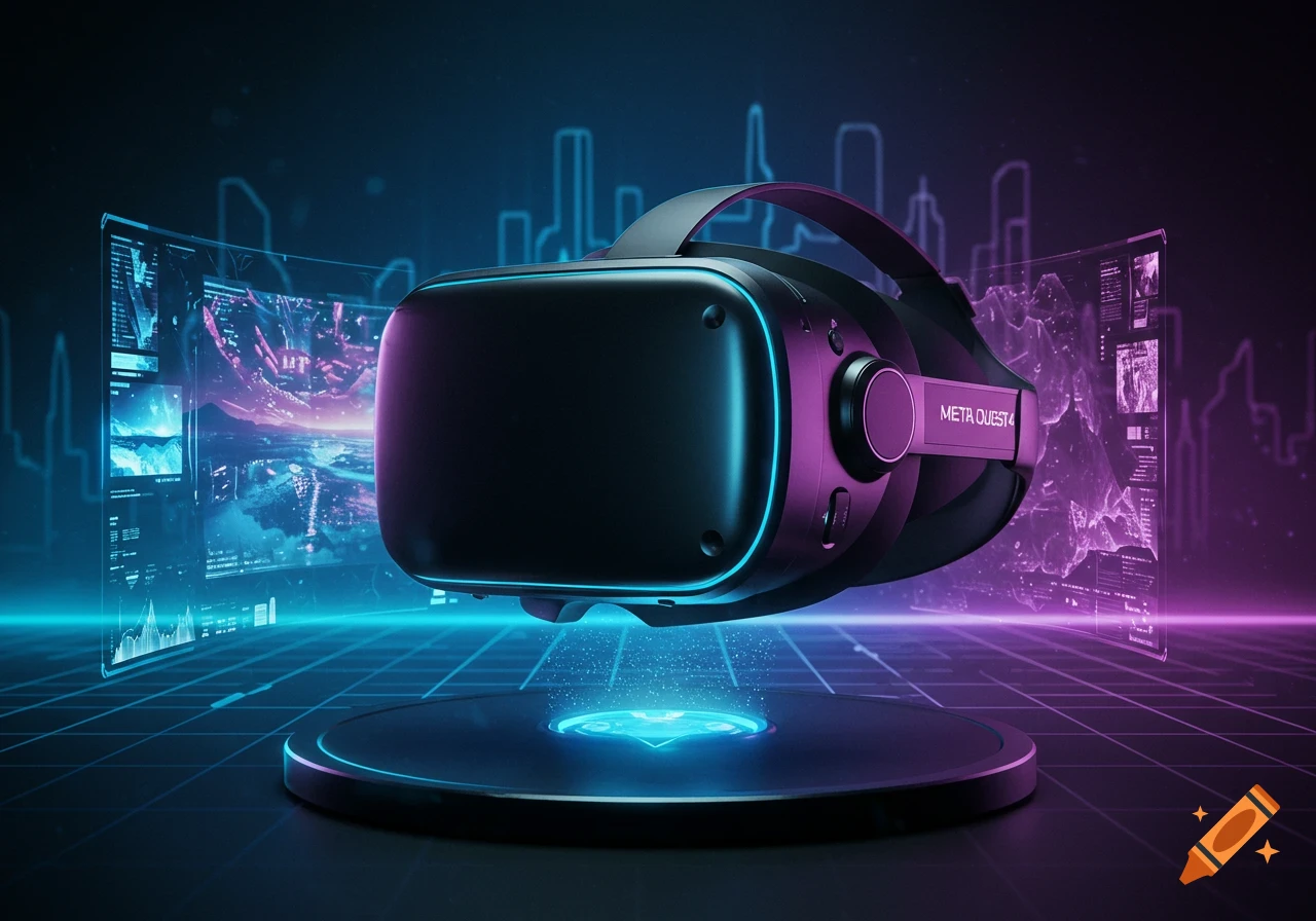 A black virtual reality headset with glowing blue and purple accents floats above a digital platform in a futuristic neon environment.