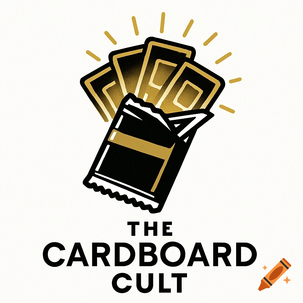Black, white, and gold logo of an opened trading card pack with glowing cards, and the text 'The Cardboard Cult' below.