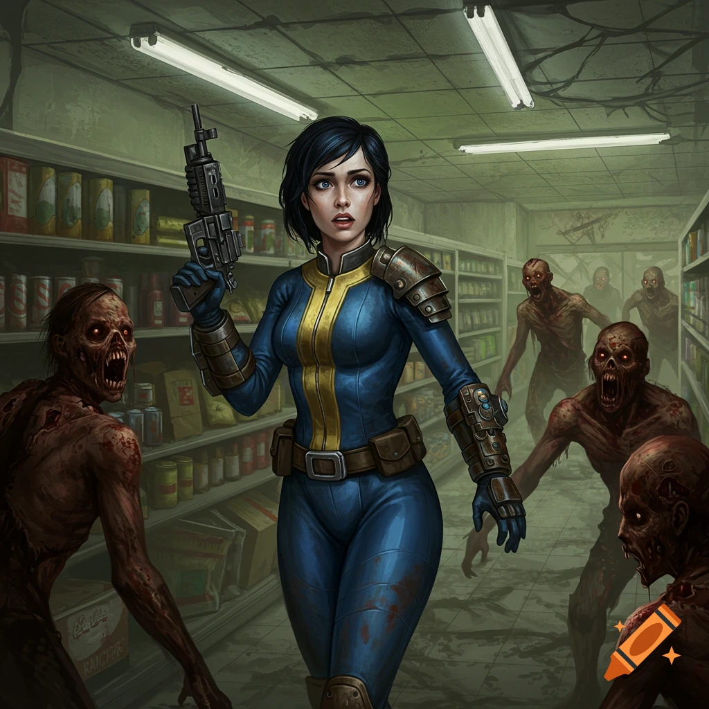 A scared woman in a blue and yellow Fallout vault suit holds a rifle, surrounded by Feral Ghouls in a ruined grocery store.