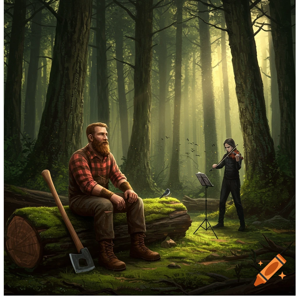 An illustrated scene of a bearded lumberjack sitting on a mossy log in a sun-dappled forest, watching a violinist play nearby.