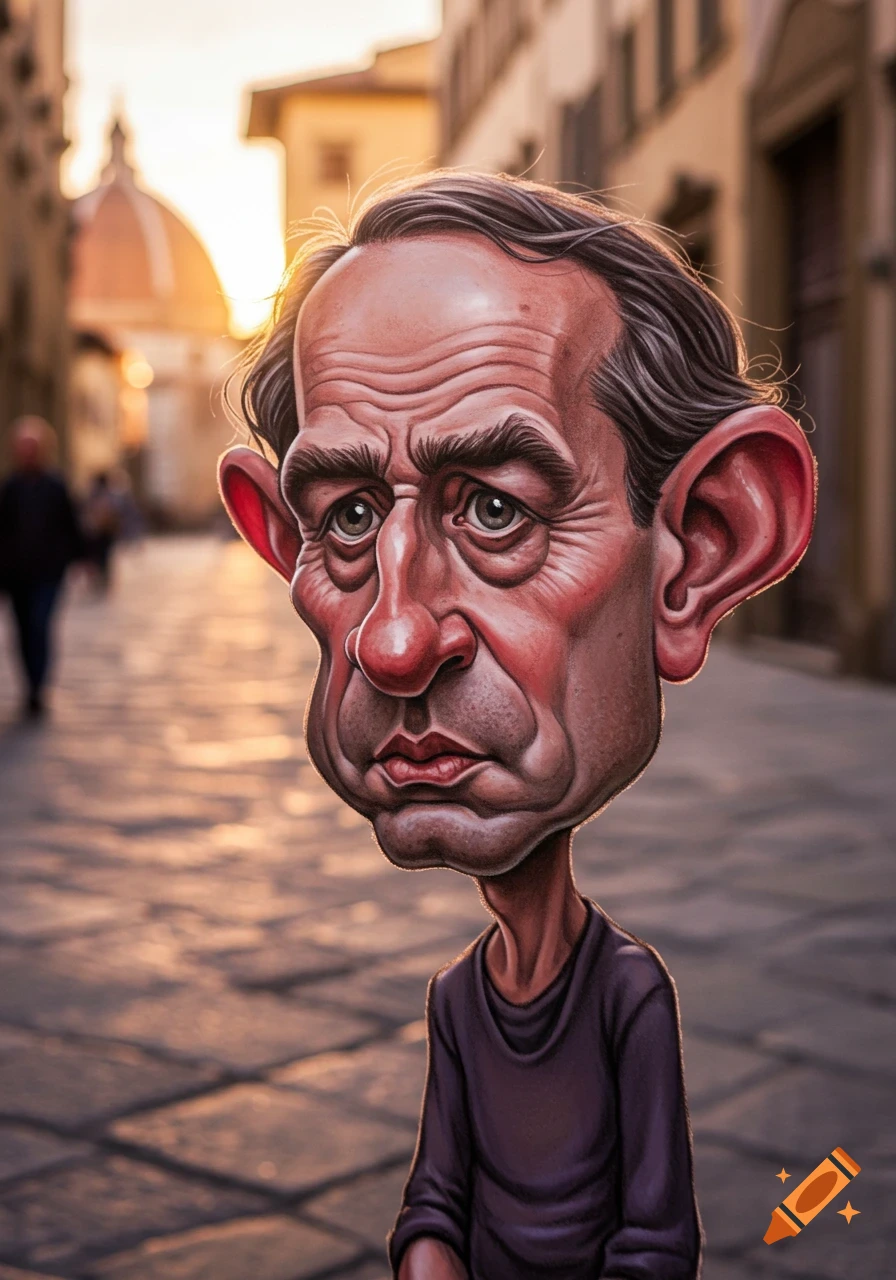A detailed caricature of a man with exaggerated features on a cobblestone street with a dome in the background at sunset.
