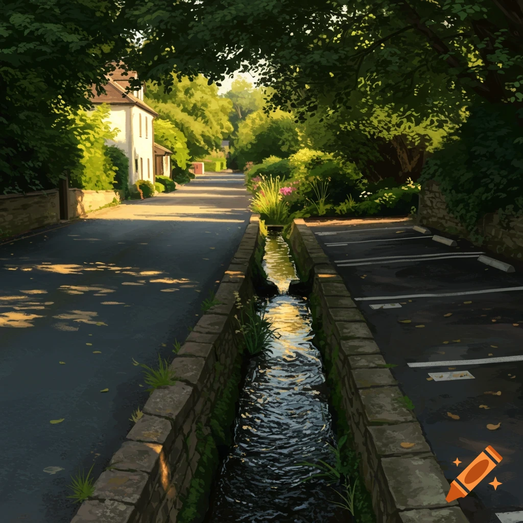 A serene, painterly illustration of a tree-lined road with a narrow stone water channel leading to parking spaces, bathed in dappled sunlight.