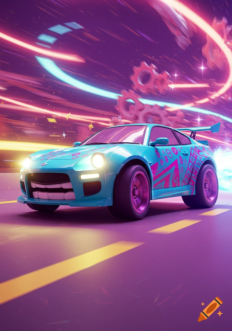 A vibrant turquoise cartoon sports car with pink wheels and designs, featuring a wide grin on its front bumper, speeds down a purple neon road.