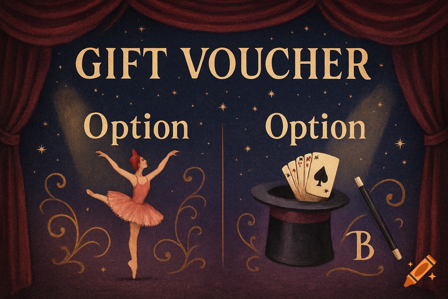 A vintage-style gift voucher with red curtains, showing a ballerina under a spotlight on the left and a magician's hat with playing cards and a wand on the right, under text that reads "GIFT VOUCHER" and "Option" above each scene, and a "B" next to the magic hat.
