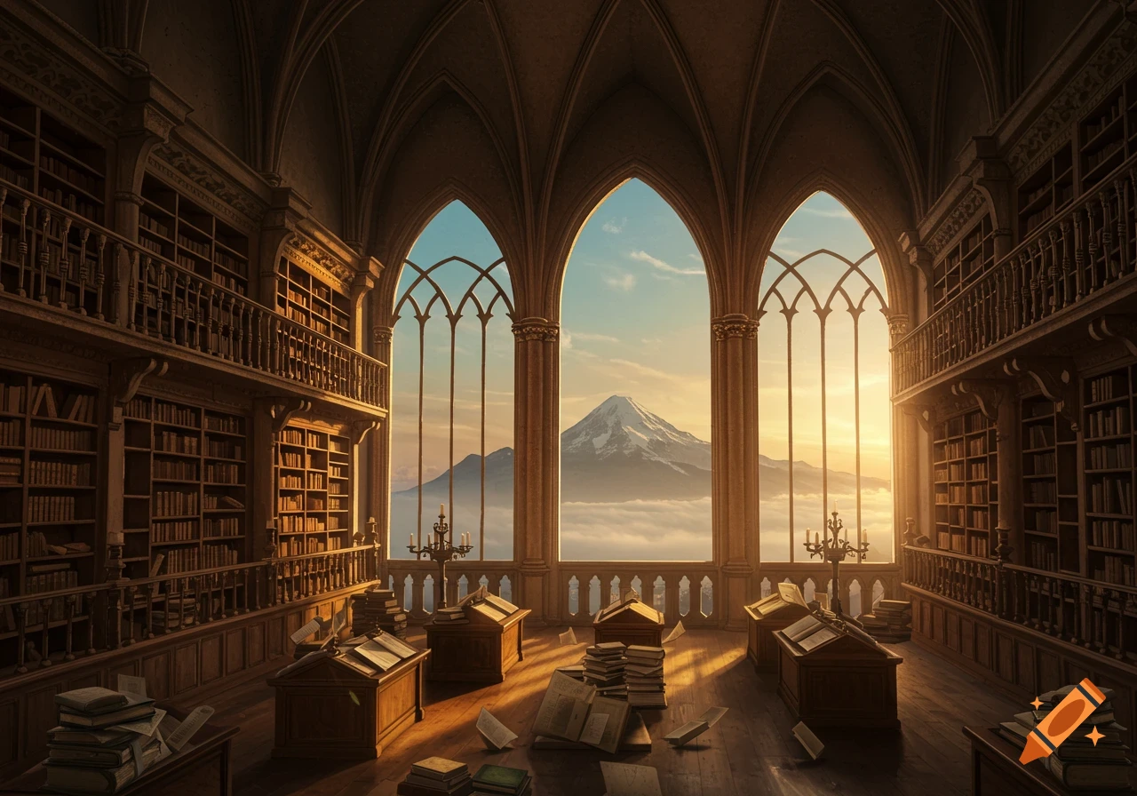 A grand, gothic library with tall arched windows offering a view of a snow-capped mountain above clouds at sunset. Books are on shelves and scattered on desks and the wooden floor.