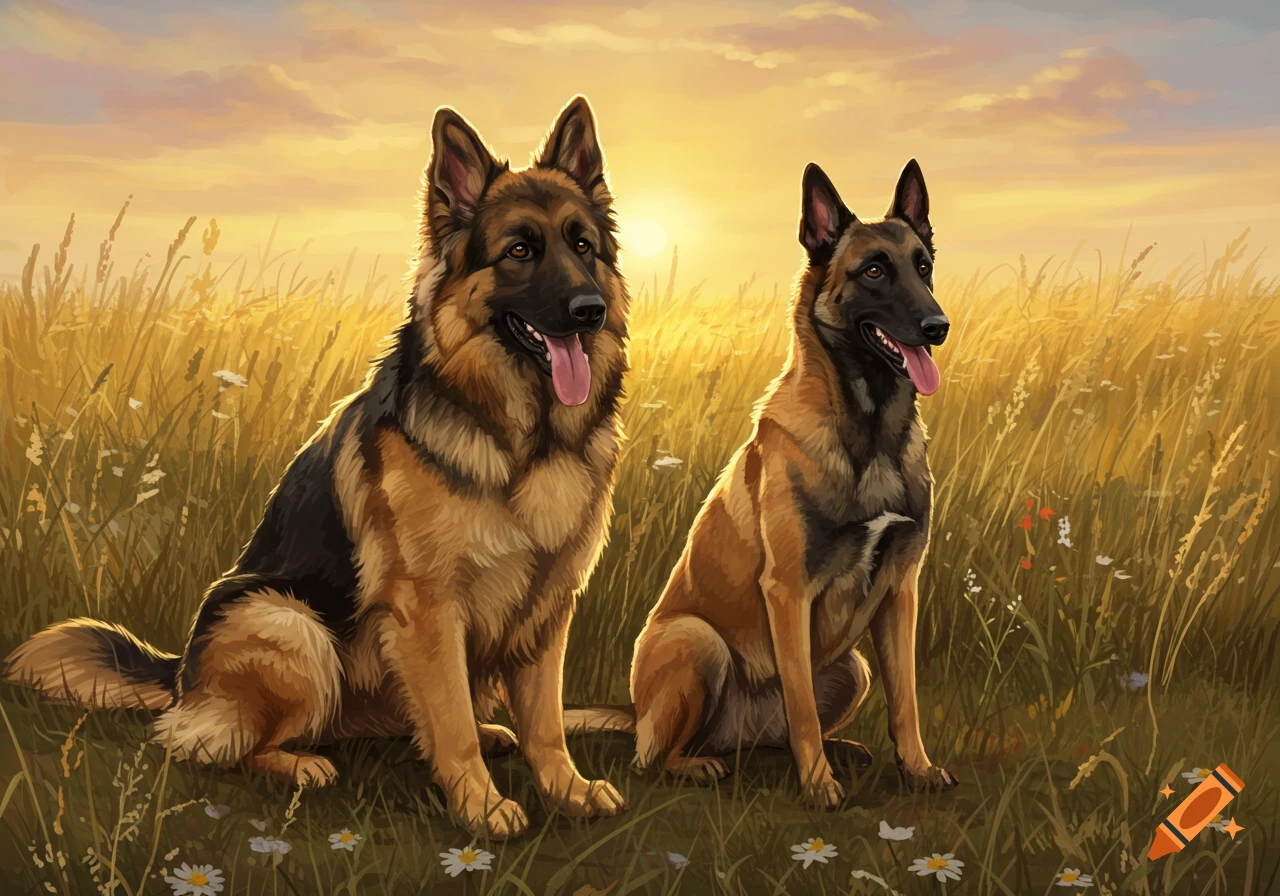 A German Shepherd and a Belgian Malinois sitting side-by-side in a golden field at sunset, digital painting style.