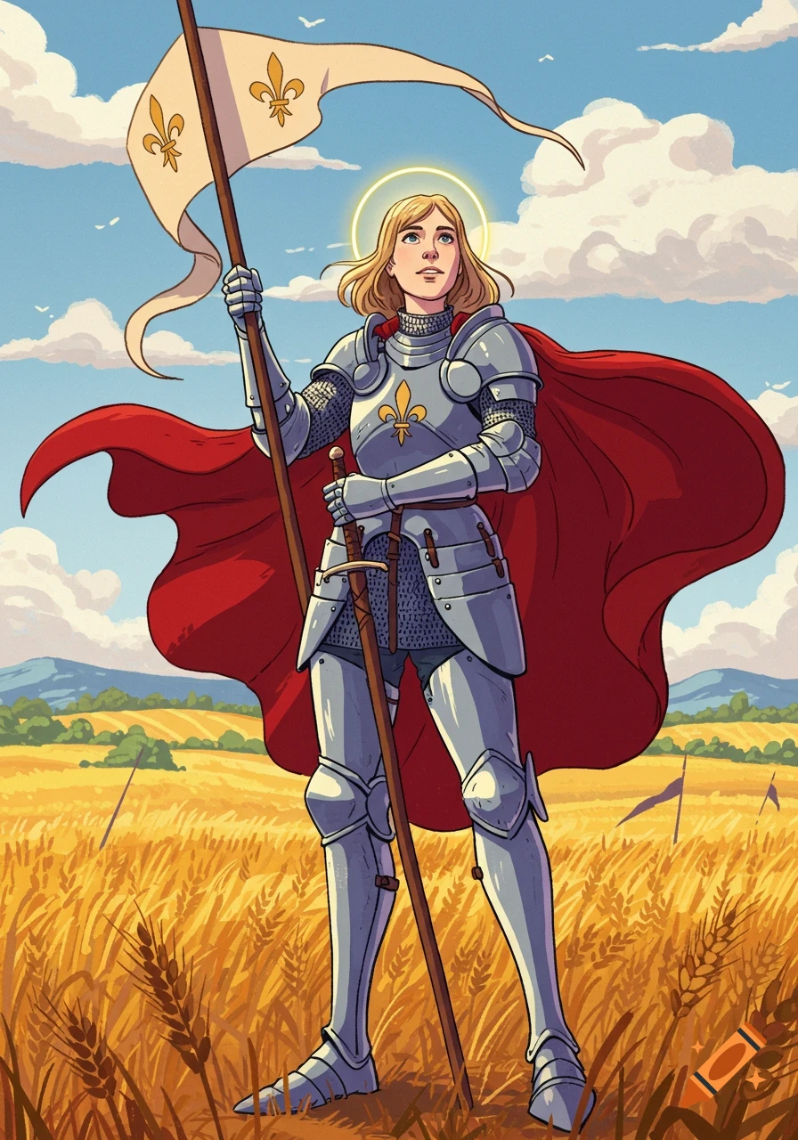 Cartoon Joan of Arc in shining armor and a red cape holds a fleur-de-lis flag in a golden wheat field under a blue sky.