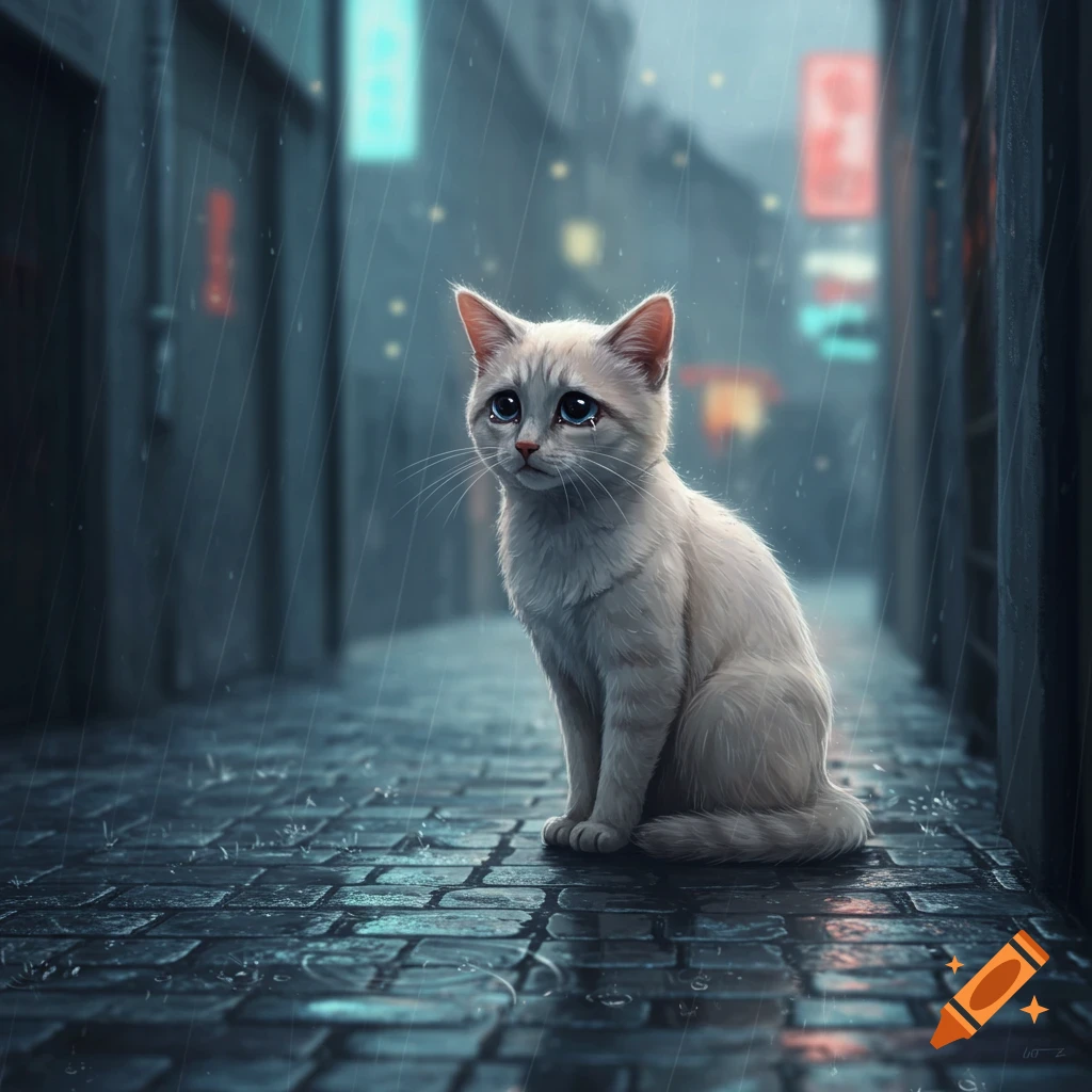 A sad, stylized white cat with tears in its eyes sits on a wet, cobblestone street in the rain at night.