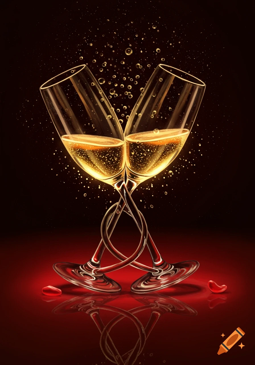 Two champagne flutes with intertwining stems forming a heart, filled with golden sparkling wine and bubbles, on a reflective red surface with rose petals.