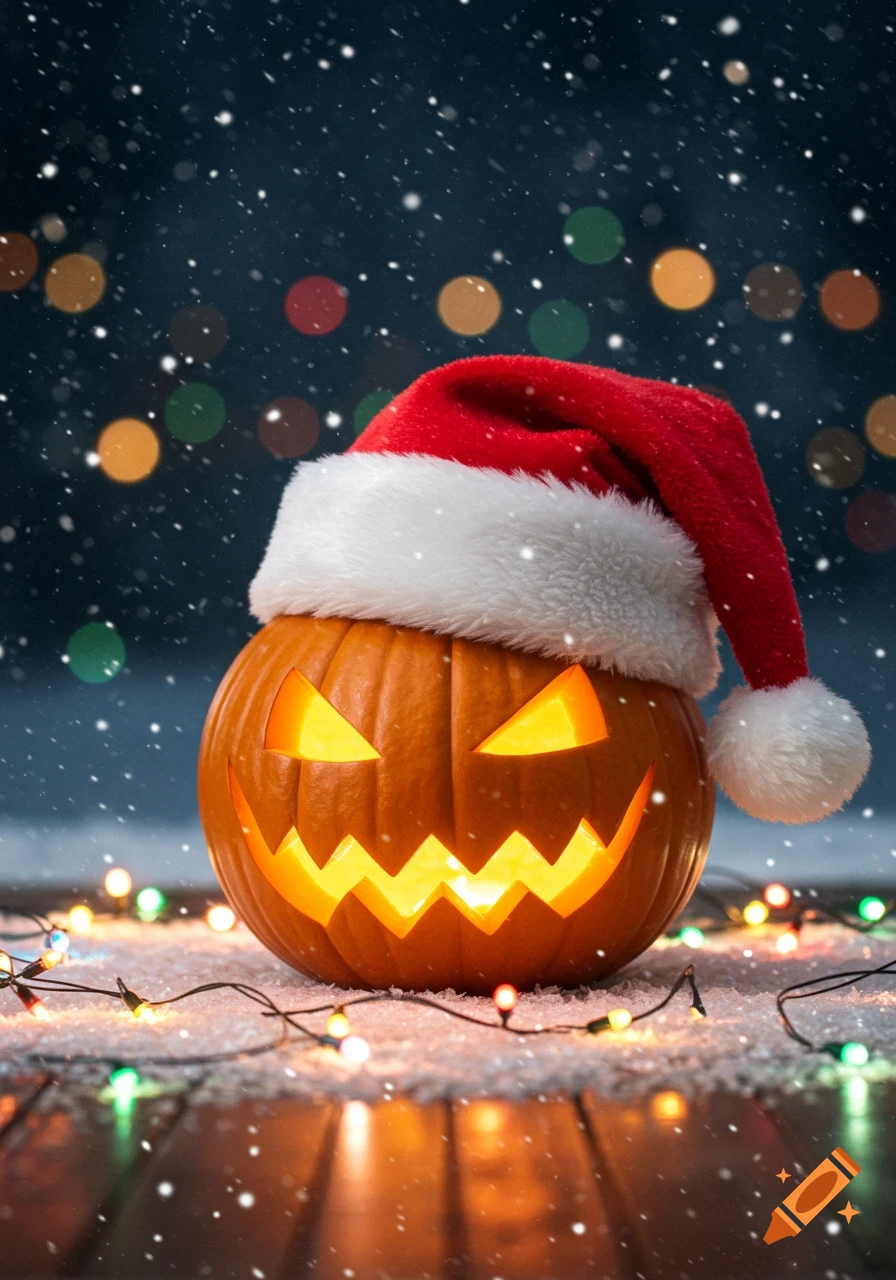 A glowing jack-o'-lantern wears a red Santa hat, surrounded by snow and colorful Christmas lights on a dark night.