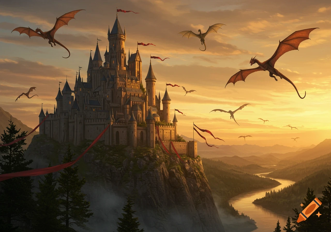 A grand fantasy castle on a mountain cliff, with dragons flying in a sunset sky over a river valley.