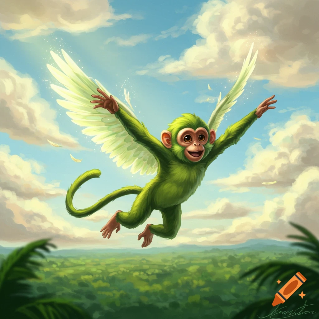 A vibrant illustration of a bright green monkey with white wings soaring happily through a blue sky with fluffy clouds, above a lush green jungle.