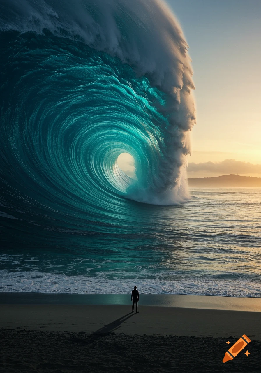 A lone figure stands on a beach, dwarfed by a colossal curling wave with a light sky at sunset.