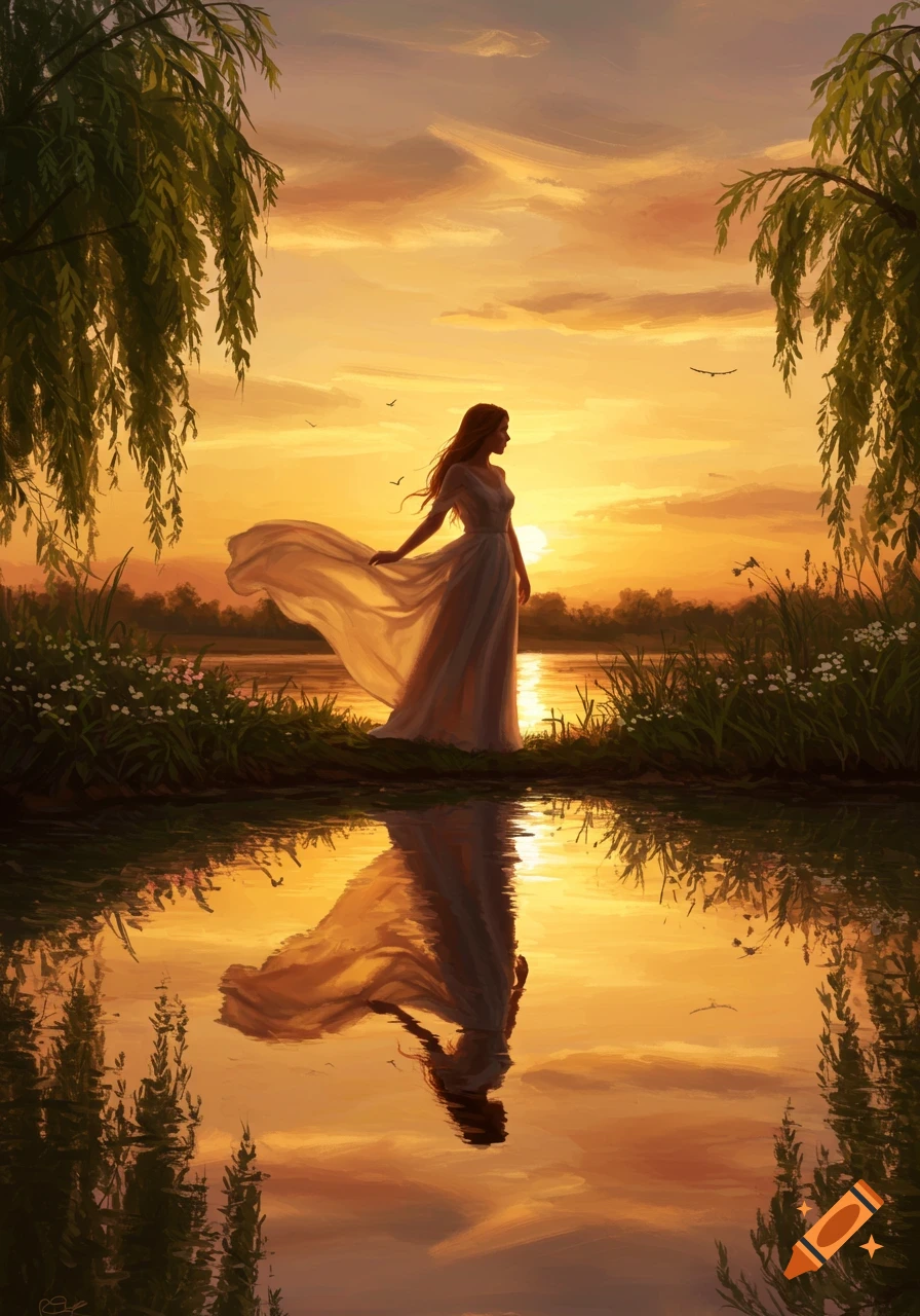 A woman in a flowing white dress stands by a reflective lake at sunset, framed by willow trees.