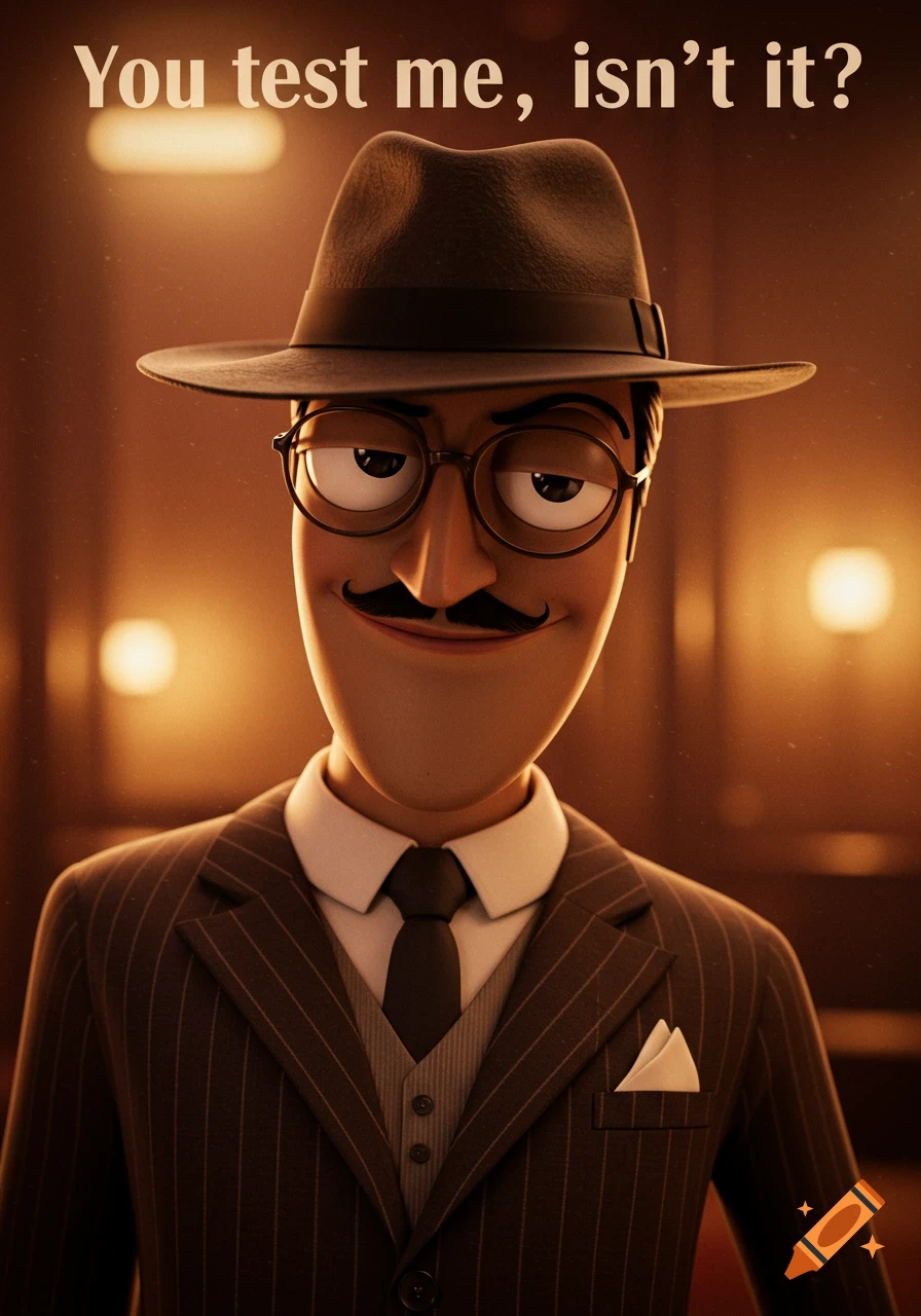 A cartoon man in a fedora, glasses, mustache, and pinstripe suit, with text 'You test me, isn't it?' above him.