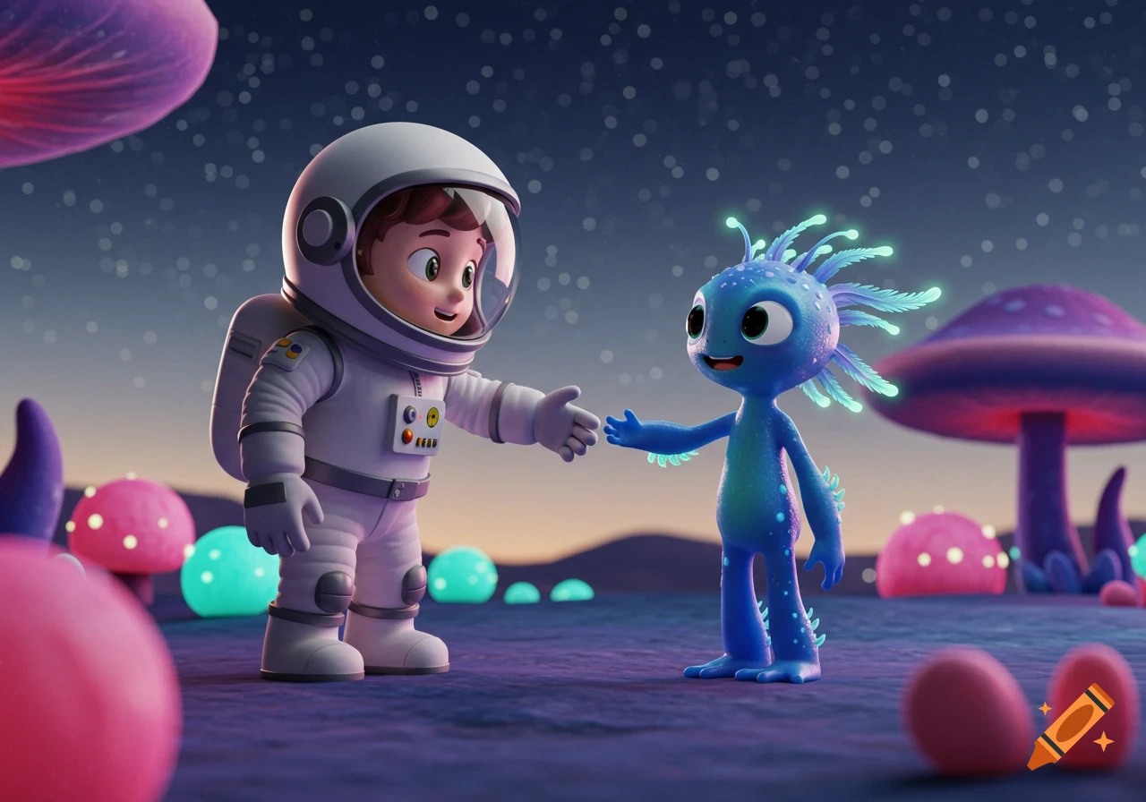 A 3D cartoon astronaut meets a blue alien with glowing antennae on a colorful exoplanet with glowing mushrooms under a starry sky.
