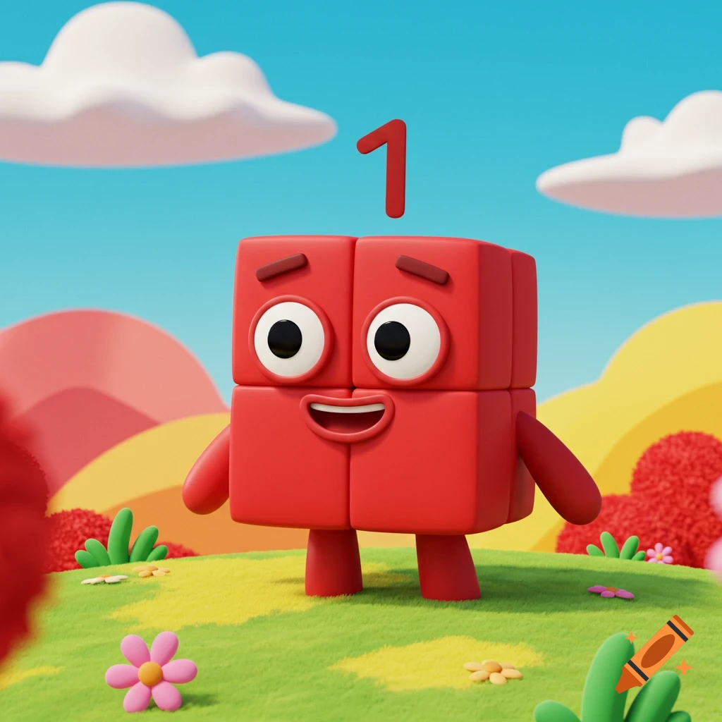 A friendly red block character '1' from Numberblocks stands on a grassy hill in a cartoon style.