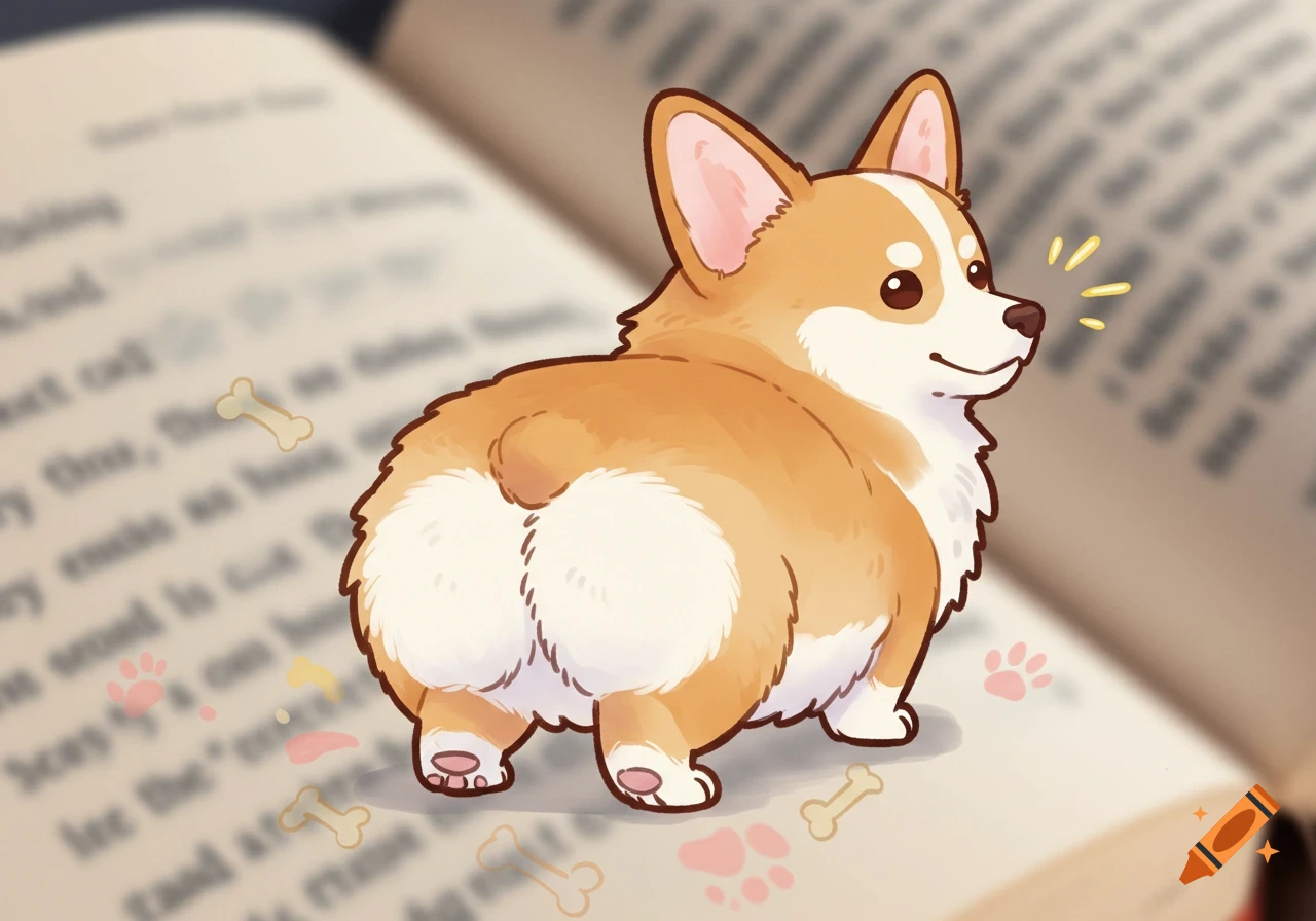 A cute cartoon corgi with a fluffy butt sits on an open book, with small bones and paw prints around.