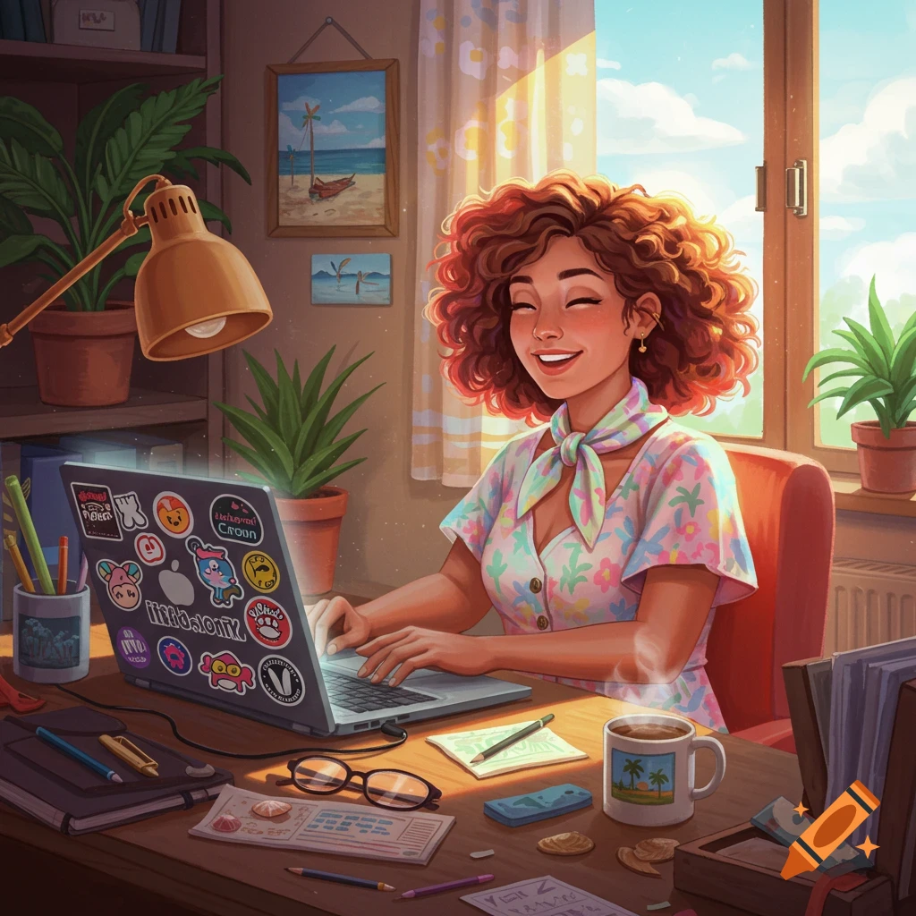 Smiling woman with curly hair works on a sticker-covered laptop in a sunny home office, surrounded by plants. Digital art style.