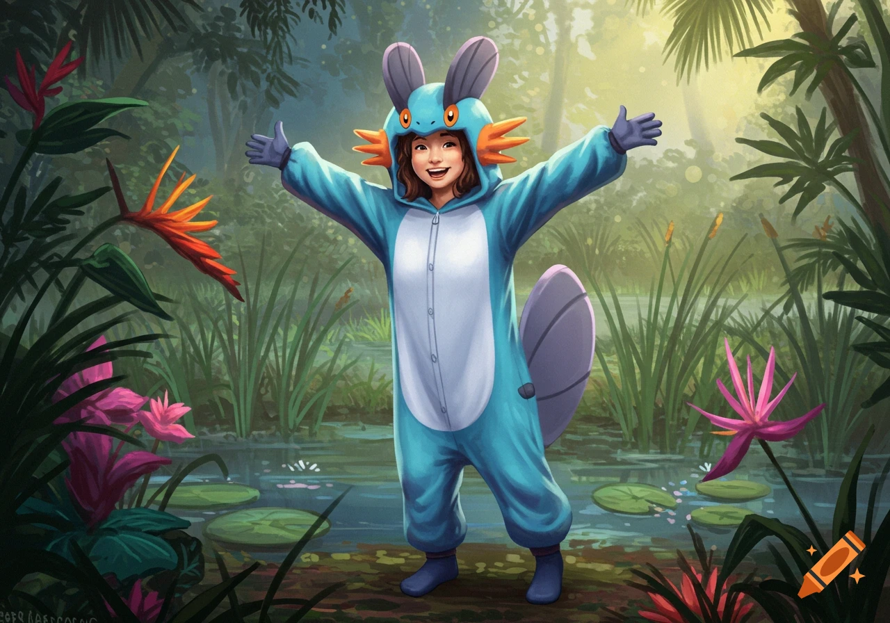A young person in a blue Swampert kigurumi poses with arms open wide in a lush, sunlit jungle swamp.