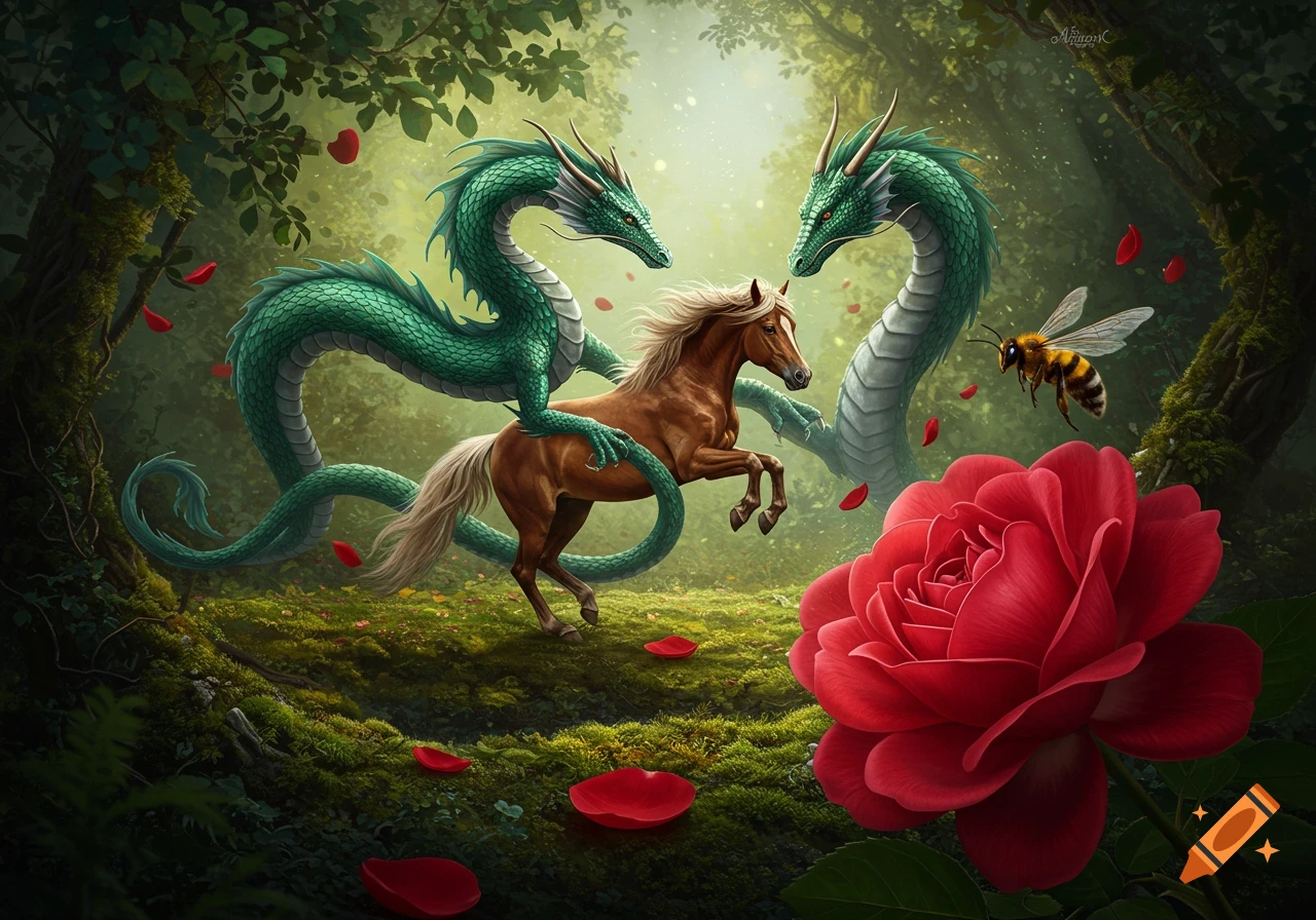 A vibrant fantasy scene featuring two green dragons encircling a brown horse, with a bee and a large red rose in a lush forest.