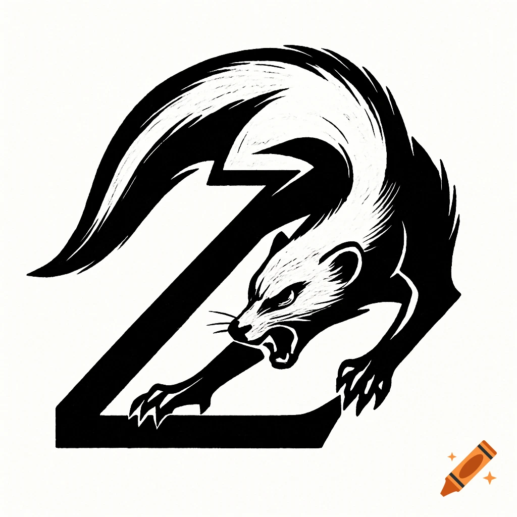 Black and white illustration of an attacking mongoose forming the letter Z.