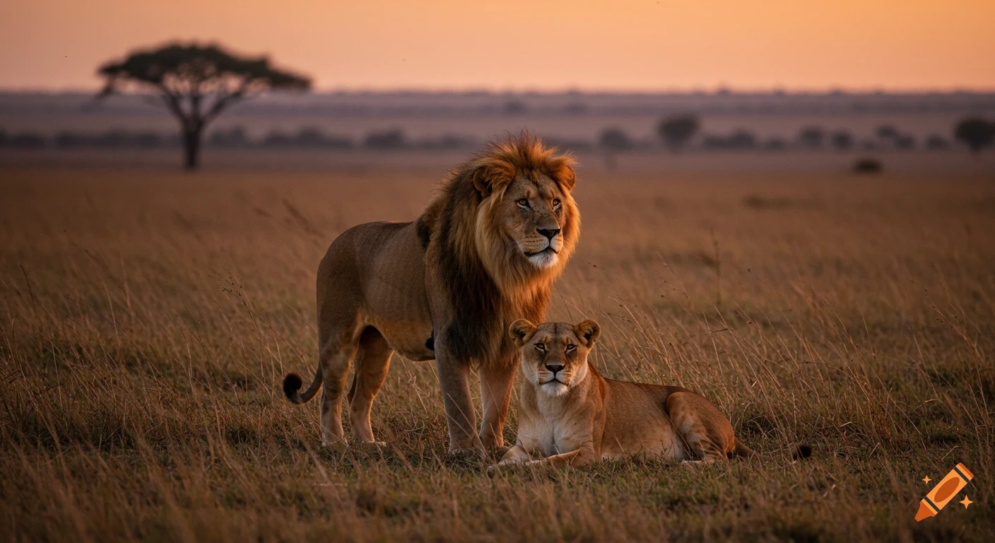 Photorealistic image of a majestic lion standing and a lioness lying in a grassy savannah at sunset.