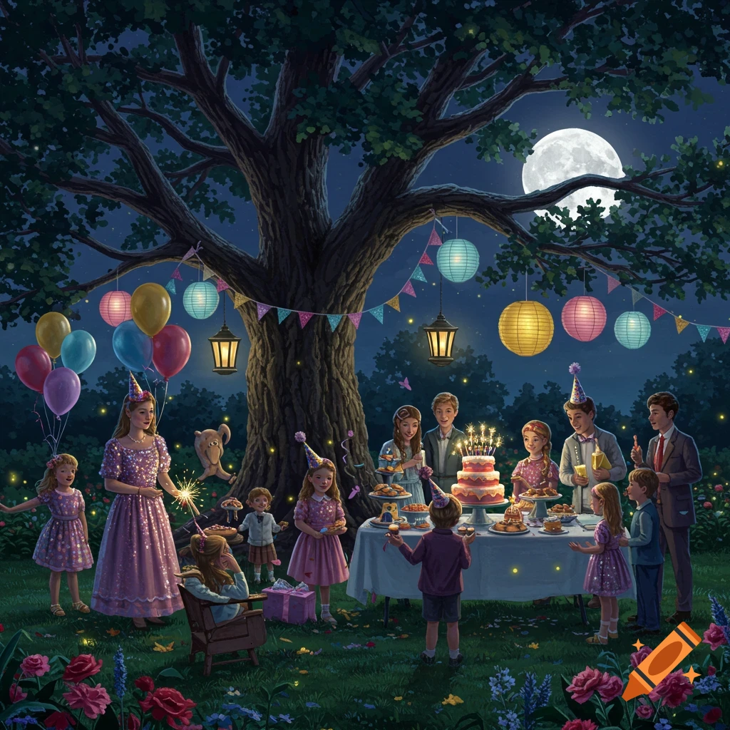 A whimsical illustration of a nighttime birthday party under a large tree, with people, cake, lanterns, balloons, and a full moon.