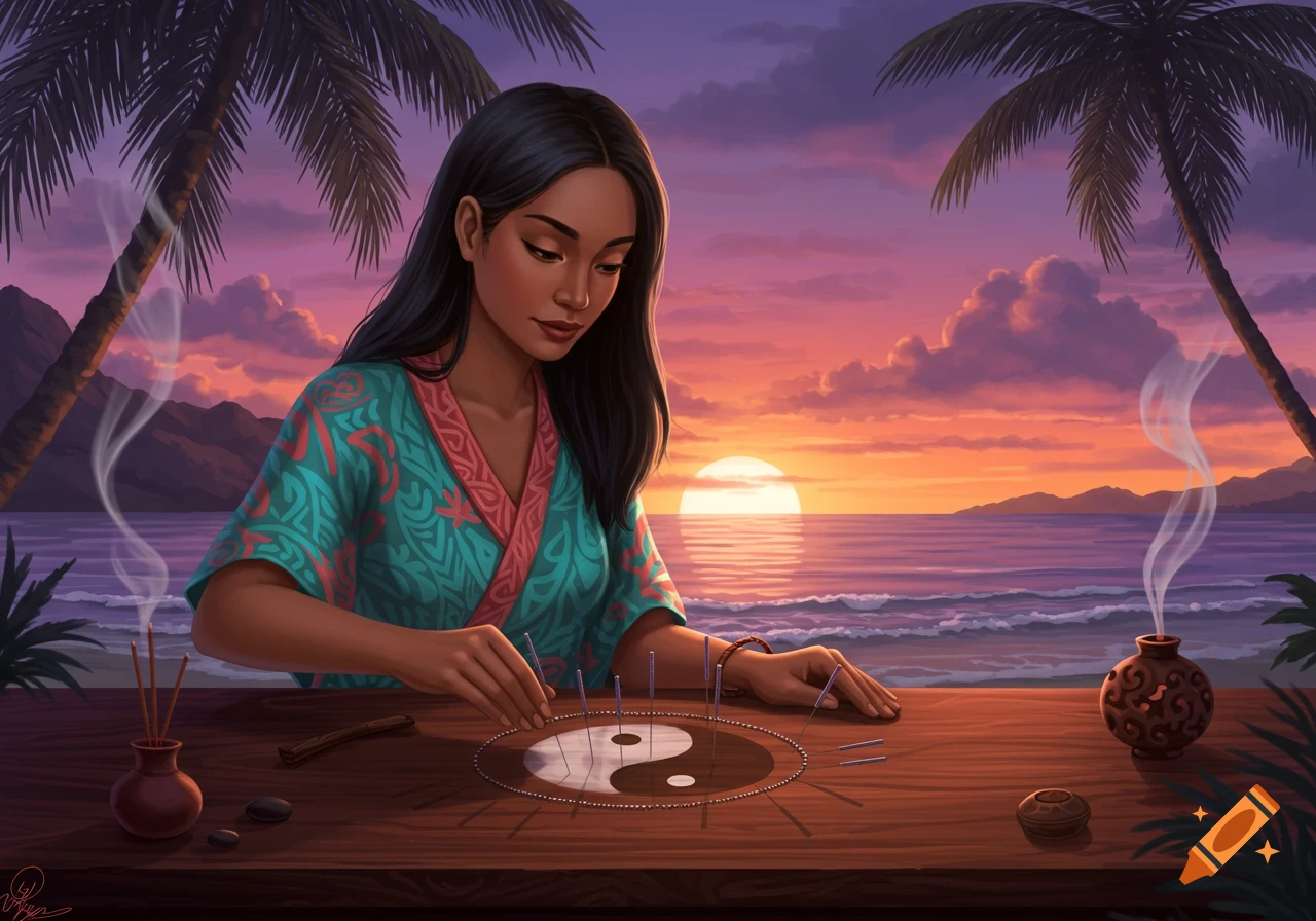 An illustrated island girl practices acupuncture on a yin-yang symbol at sunset by the ocean, with palm trees.