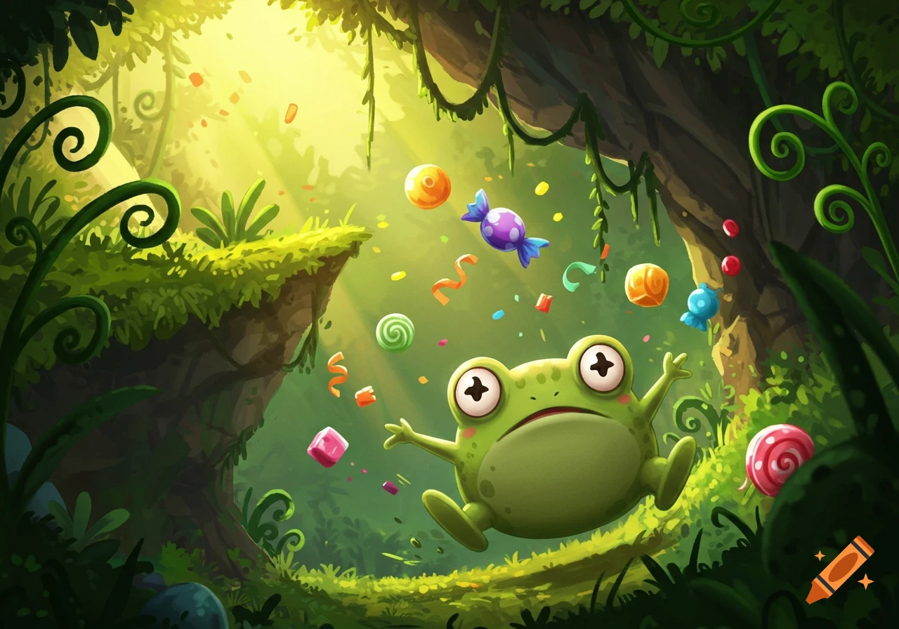 A cute green cartoon frog with large eyes floats in a vibrant, sun-dappled jungle, surrounded by colorful candies and confetti.