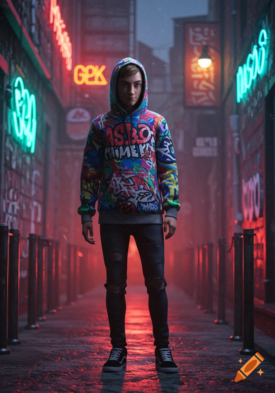 A young person in a colorful graffiti hoodie, ripped jeans, and sneakers stands in a dark, neon-lit urban alleyway.
