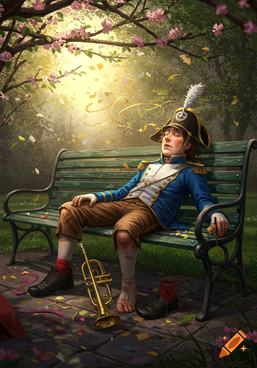 Illustrated man in blue military uniform and Napoleon hat sleeping on a park bench, surrounded by confetti and a trumpet.