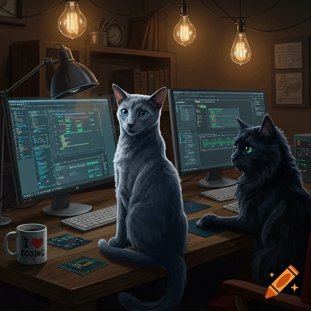 Two cats, a gray Russian Blue and a fluffy black cat, sit at computer desks with multiple monitors displaying code.