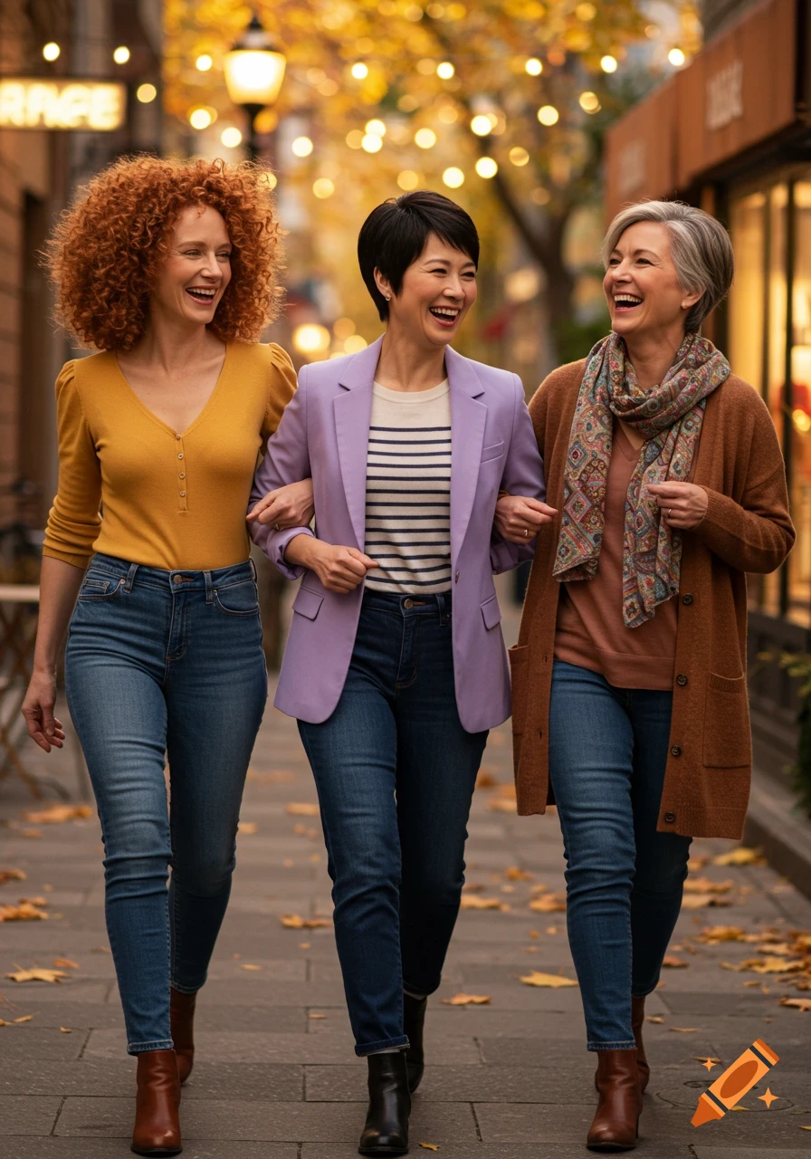 Three happy middle-aged women walk arm-in-arm down a sunlit autumn city street, smiling.