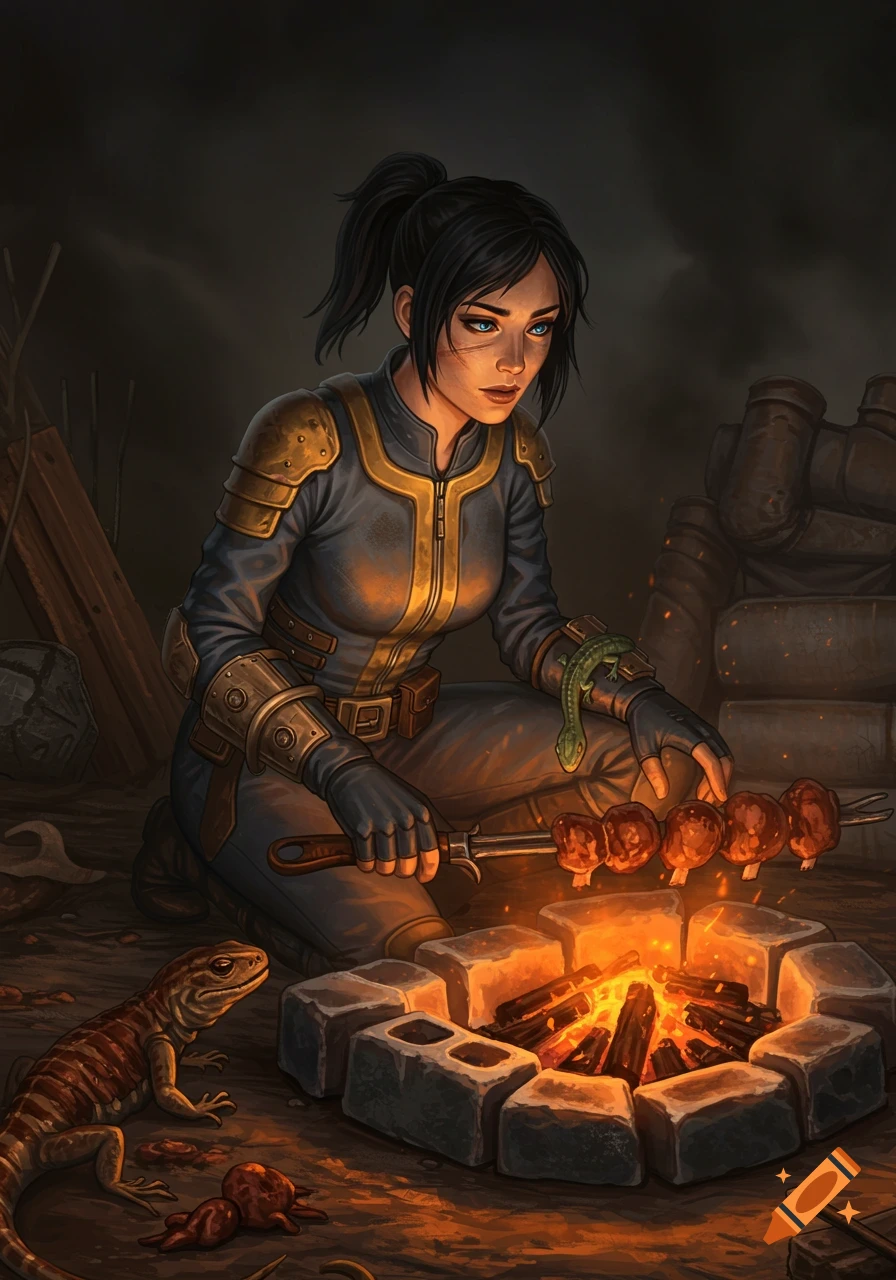 A woman in a vault suit crouches, cooking meat on a skewer over a cinderblock campfire, with lizards nearby in a dark, gritty style.