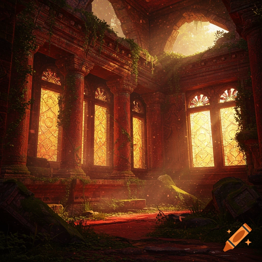 An ancient, overgrown temple interior bathed in golden light streaming through ornate stained-glass windows.