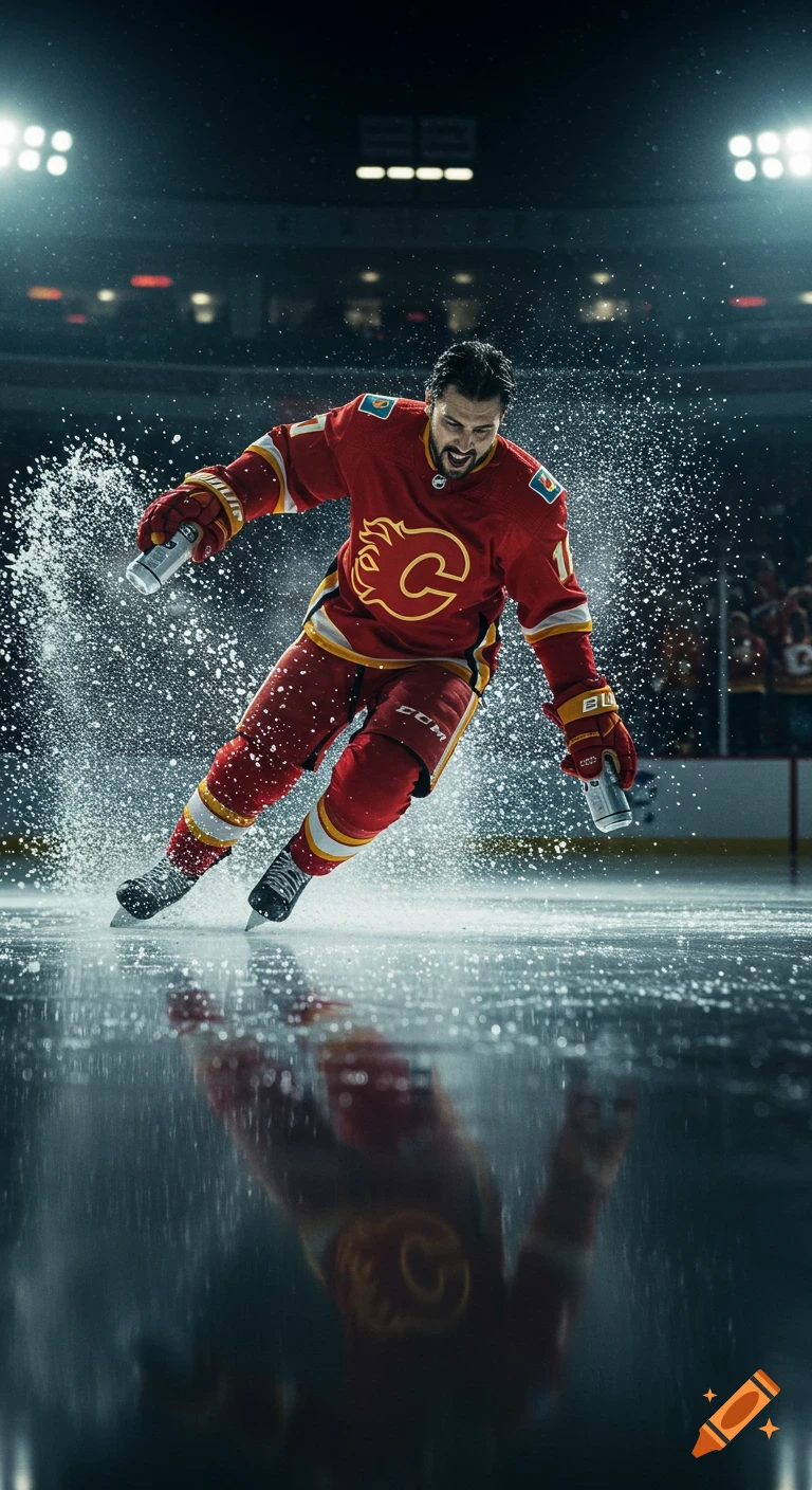 A hockey player in a red Calgary Flames jersey slides on ice, spraying water, holding two beer cans, in a dynamic, cinematic shot.