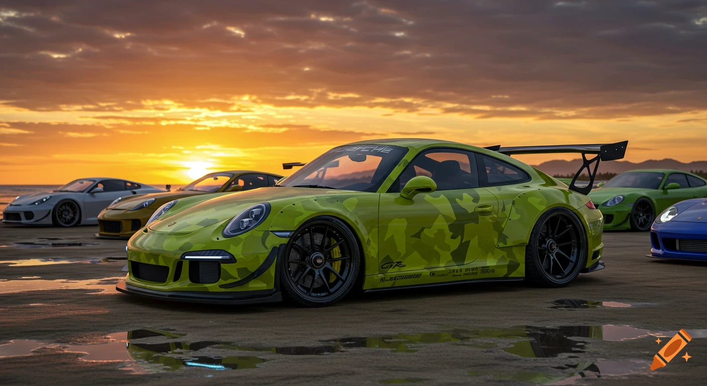 Several customized Porsche 911s, including a lime green camo one, parked on a sandy beach during a vibrant sunset.
