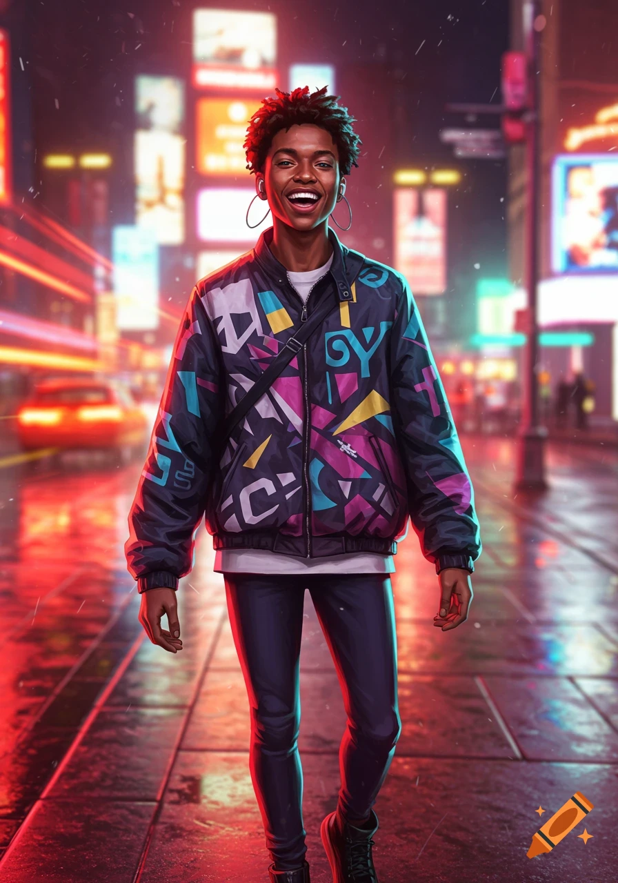 A young Black person with dreadlocks smiles brightly while walking down a neon-lit city street at night, wearing a colorful, geometrically patterned bomber jacket and dark pants, in a stylized, modern art style.