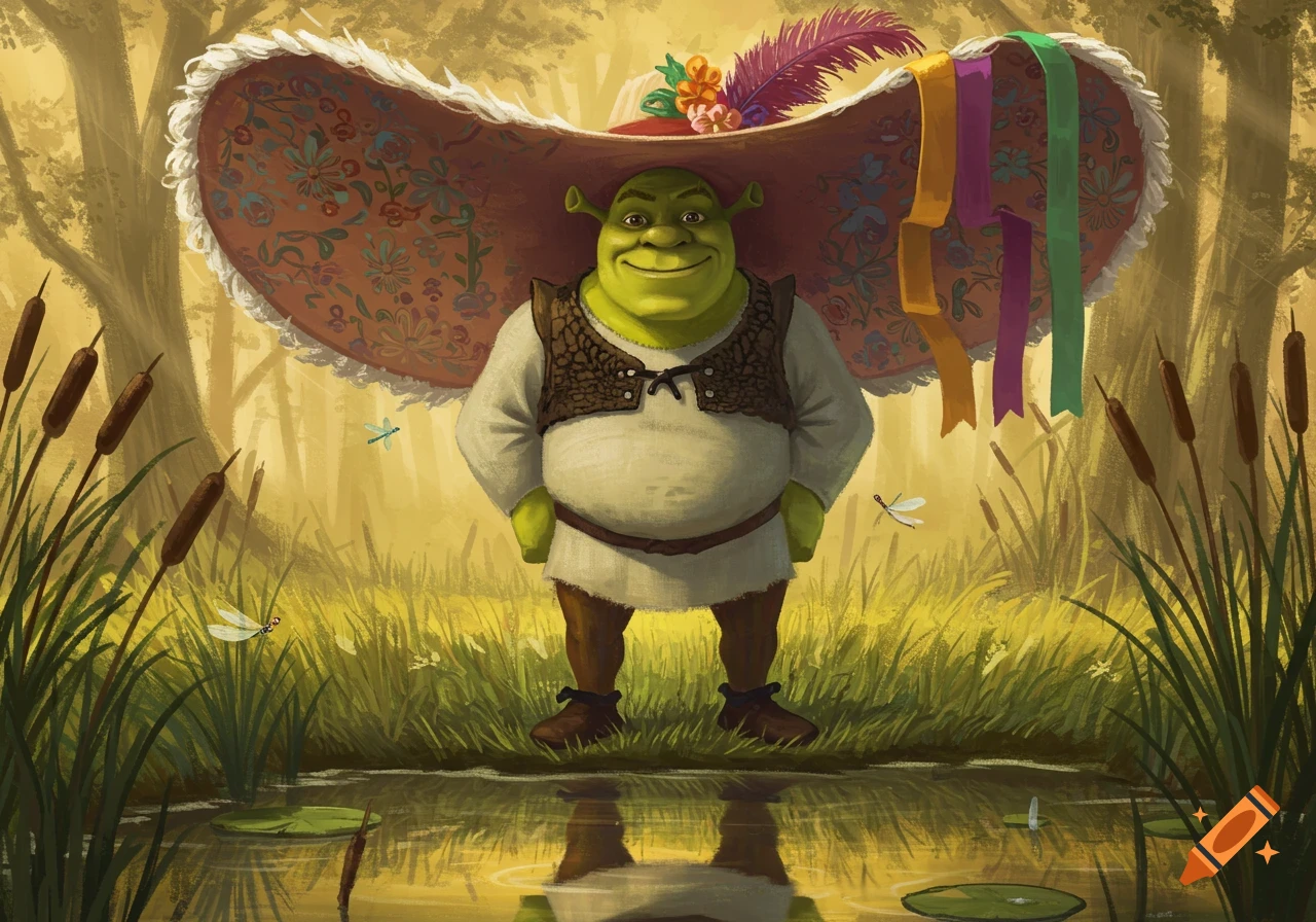 Shrek, the green ogre, stands in a swamp wearing a huge, ornate hat with colorful ribbons, reflected in water. Digital painting.