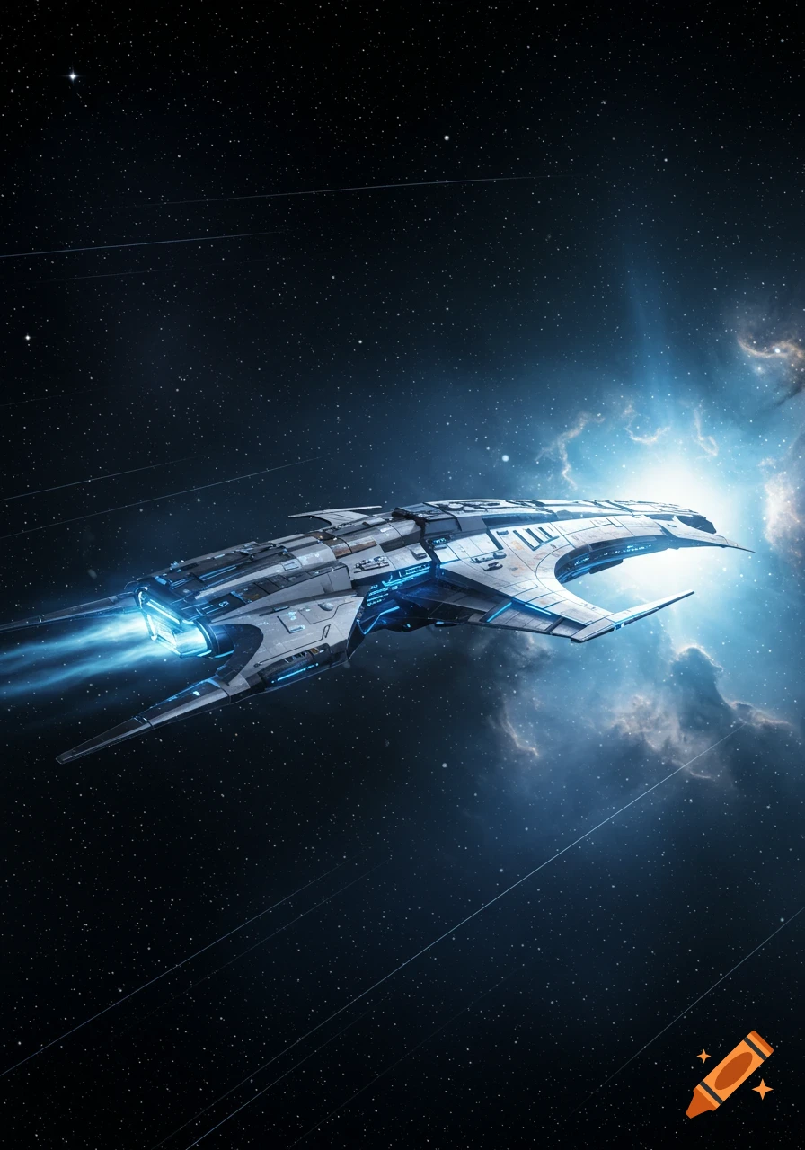 A detailed, futuristic spaceship with blue glowing engines streaks through a star-filled galaxy with a bright nebula.