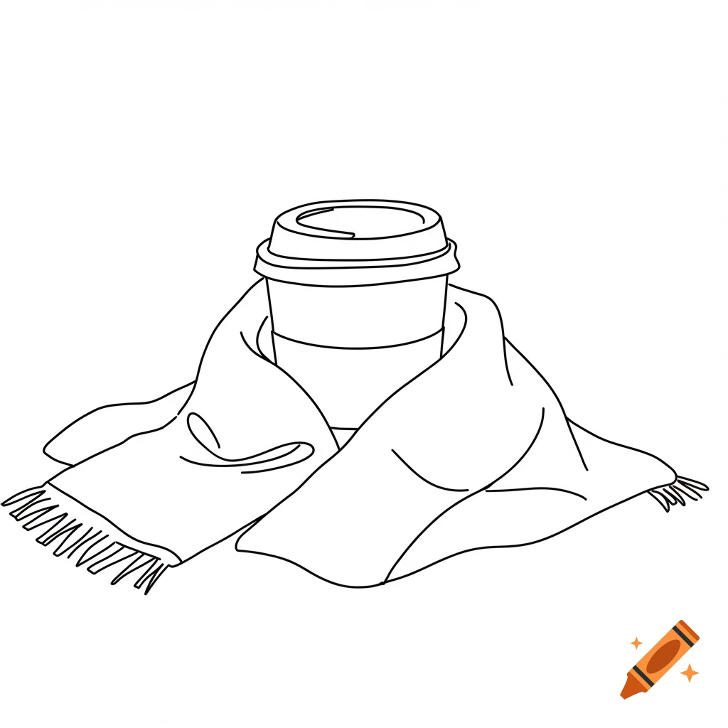 Line art illustration of a coffee cup wrapped in a scarf, evoking autumn vibes.