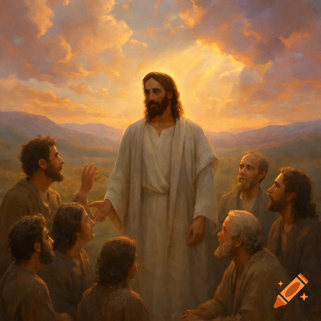 Painting of Jesus in a white robe speaking to a group of disciples in a mountainous landscape at sunset.
