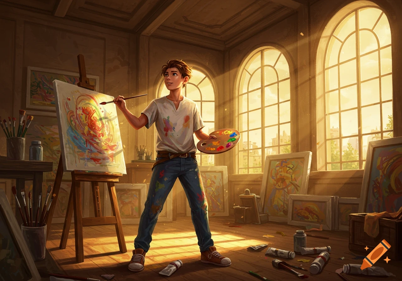 A young man, covered in paint, painting on a canvas in a sunlit art studio filled with artworks.
