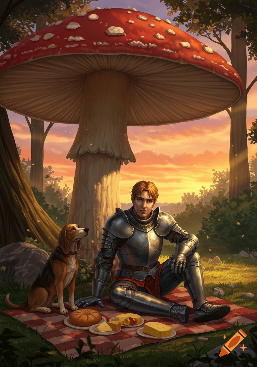 A knight in armor and a beagle dog picnic under a giant red mushroom in a forest at sunset.