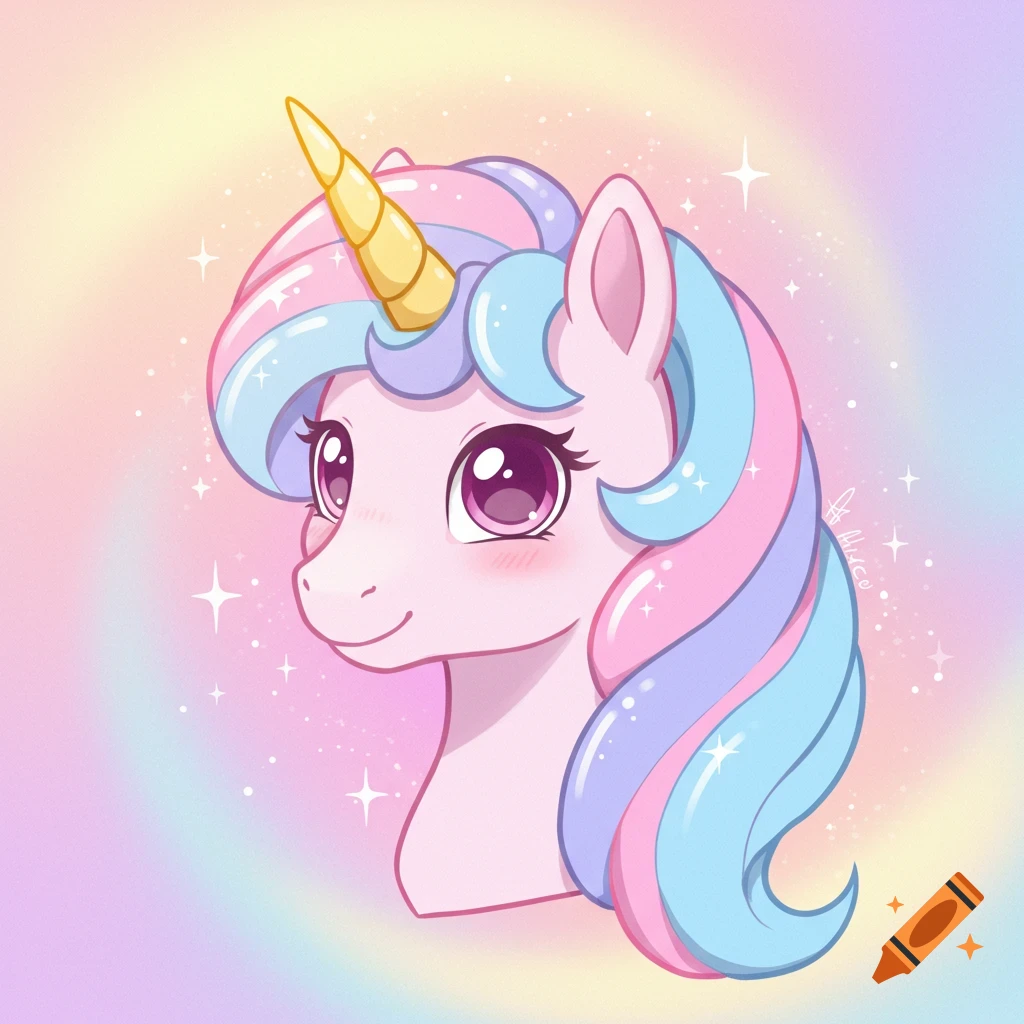 Friendly, smiling cartoon unicorn head with a golden horn and pastel pink, blue, purple mane on a sparkling rainbow background.
