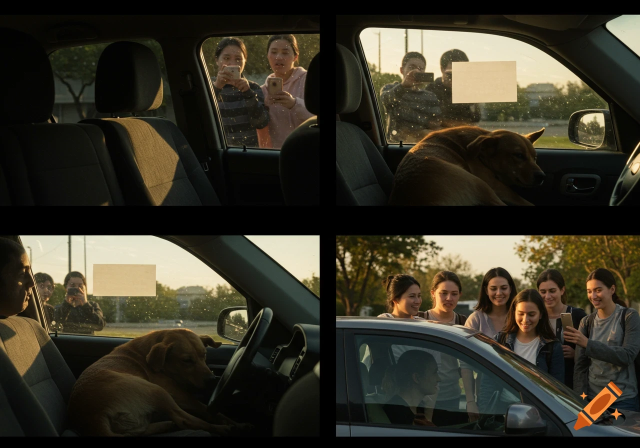 A four-panel image depicts a dog seemingly unconscious in a car. People outside are taking photos, then a man is seen with the dog, and finally, a group of smiling women gather around the car in a heartwarming scene.